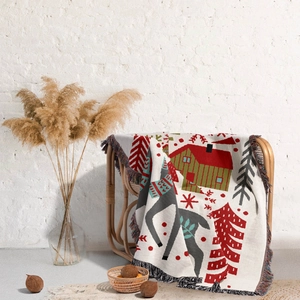 Detail of Christmas throw blanket featuring jacquard reindeer and snowflake patterns