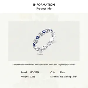 S925 Sterling Silver Ring with blue evil eye motifs and heart-shaped cubic zirconia