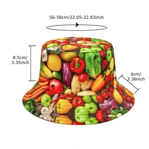 Reversible bucket hat with vegetable fruit print and size guide for outdoor sun protection