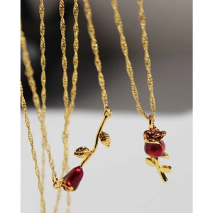 Vintage 18k gold plated brass rose pendant necklace with red enamel floral charm