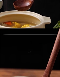 Close-up of deep ebony wood soup ladle with a large capacity scoop and natural wood grain