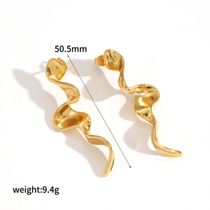 Irregular wave-shaped gold stainless steel dangle earrings with geometric wavy design