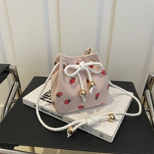 Borsa A Secchiello In Velluto A Coste Con Stampa Fragola Donna Borsa A Tracolla Dolce Casual Portatile