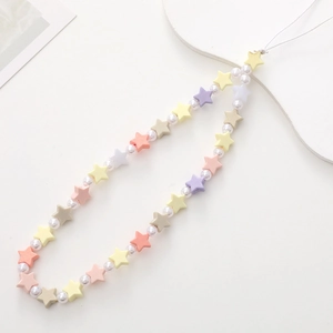 Handmade colorful star and pearl beaded phone wrist strap with heart bow charm
