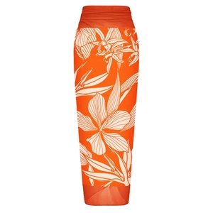 Detail of light orange tropical floral print sarong with pleated waist for beachwear