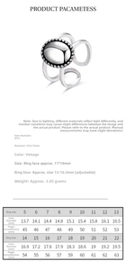 Detailed size chart for vintage 925 sterling silver ring with inner diameter measurements