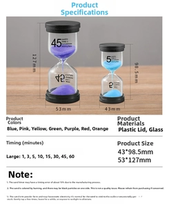 Detailed size chart for hourglass timers showing 127mm and 98.5mm options with glass body