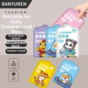 Detailed view of portable children's disposable raincoats in colorful cartoon packaging