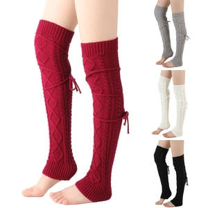 Knit cable leg warmers with bows in multiple colors including burgundy and grey