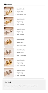 Detail chart of geometric acrylic earrings showing dimensions and weight specifications