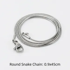 Detail of 0.9mm round snake chain in 45cm length with lobster clasp and silver finish