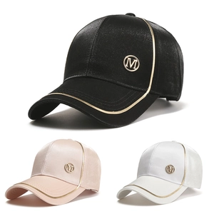Elegant Women Satin Baseball Cap With Gold Trim And Round Metal Letter M Logo Adjustable Sun Protection Peak Hat
