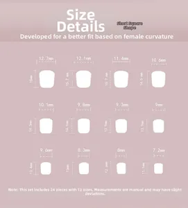Tableau des tailles pour faux ongles roses avec 12 tailles et 24 pièces de forme carrée courte