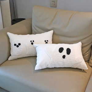 White boucle ghost lumbar pillow cases with 3D embroidery for Halloween home decor