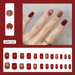 24pcs vintage dark red velvet cat-eye and polka dot press-on nails in short square shape