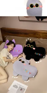 Detailed embroidery of Lucky text and cute cat expressions on soft plush pillows