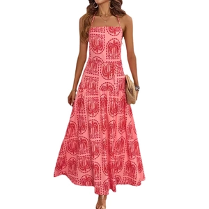 Pink tropical halter neck maxi dress with red palm tree print and layered skirt