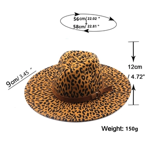 Detailed size chart of leopard print wool fedora hat with dimensions and weight