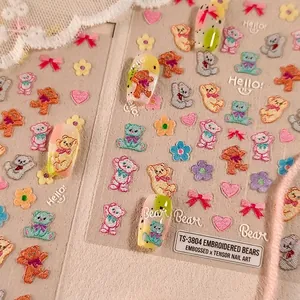 Cartoon embossed 3D bear and floral nail stickers with matte finish TS-3804 design