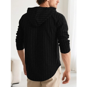 Detailed back view of a men's black vertical striped hooded shirt with a curved hemline