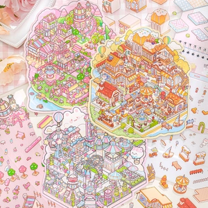 Miniature Scenery Stickers PET Waterproof Paper Cartoon Cat Town Kawaii Japanese Journal Scrapbook DIY Decorative Material