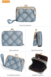 Detail view of light blue quilted wallet with accordion card slots and metal buckle closure