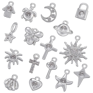 Set of 15 silver DIY pendants with micro-pave zircons in star, moon, and heart shapes