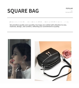 Detail of square black cross-body bag featuring lychee grain PU leather and three zippers