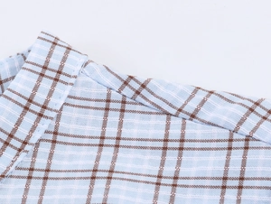 Macro shot of blue and tan plaid pattern fabric with fine stitching on the dress