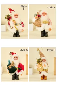 Detail of four Santa Claus plush ornaments in red, pink, and gold sequin festive outfits