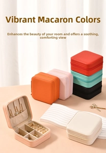 Close-up of portable jewelry organizer with necklace hooks and ring slots in macaron colors