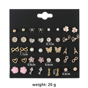 Eiffel Tower and heart stud earring set with zircons and pearls on black card