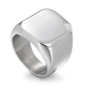 Polished silver stainless steel signet ring with a minimalist square flat top for men