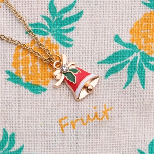 Christmas bell pendant necklace with red and green enamel on a golden chain