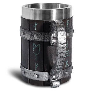 Close-up of Viking barrel beer mug with stainless steel liner and engraved runes