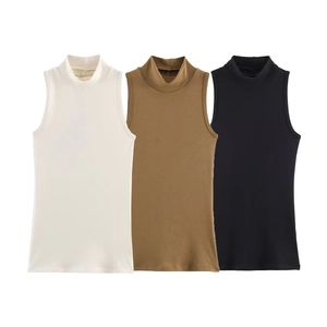 Women Mock Neck Sleeveless Tank Top Knit Solid Color Slim Fit Stretchy Summer Vest Mock Turtleneck Casual