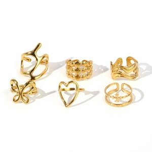 6-piece gold-plated stainless steel ring set with butterfly heart and wavy designs