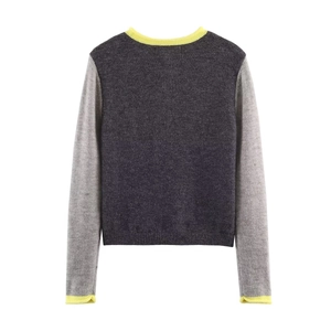 Minimalist color block knit sweater in charcoal grey and light grey with lime green trim