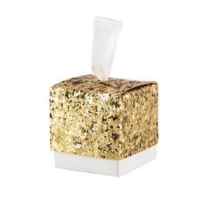 Sparkly gold glitter candy box with white base and elegant satin ribbon handle for wedding