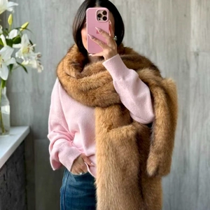 Brown faux fox fur long scarf wrap shawl paired with a casual winter knitted sweater