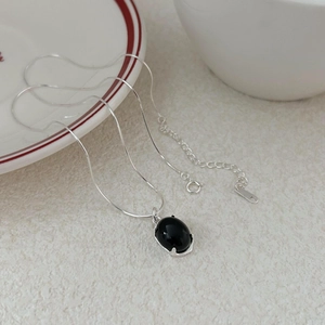 Minimalist 925 sterling silver snake chain necklace with an oval black onyx gemstone pendant