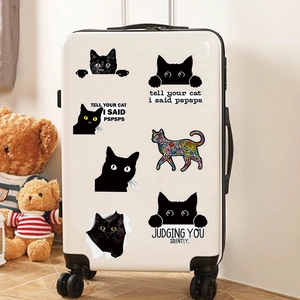 Waterproof peekaboo black cat stickers on white suitcase with funny judging kitten patterns