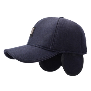 Winter baseball cap for men with ear flaps in navy blue wool fabric and metal logo detail