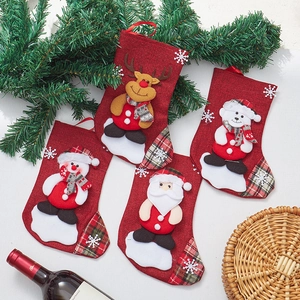 Christmas Stockings Linen Plaid Patchwork 3D Applique Santa Snowman Reindeer Bear Snowflake Embroidery Holiday Tree Decor