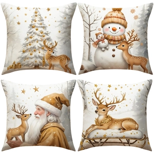 Christmas Decorative Pillow Covers Golden White Linen Cotton Throw Pillow Cases For Sofa Couch Home Decor Holiday