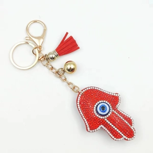 Red Hamsa Hand keychain with Evil Eye rhinestones, golden lobster clasp and red tassel