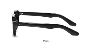 Side view of sleek black round-frame sunglasses with high-gloss finish and silver studs