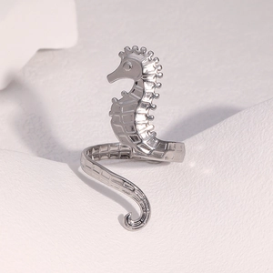 Unique stainless steel open ring featuring a detailed seahorse design in silver finish