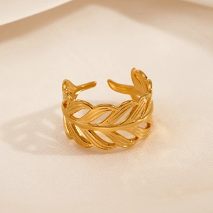 Stainless Steel Leaf Hollow Adjustable Ring For Women Vacuum Gold Plated Fashion Hip Hop Feather Design