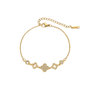 Gold stainless steel clover bracelet with micro-pave zircons and delicate chain links